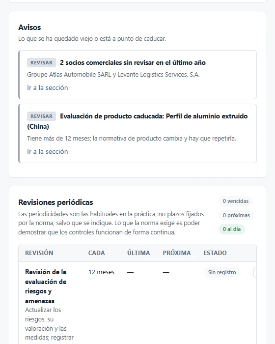 La pantalla de mantenimiento del programa: avisos de lo que se ha quedado sin revisar y el calendario de revisiones periódicas